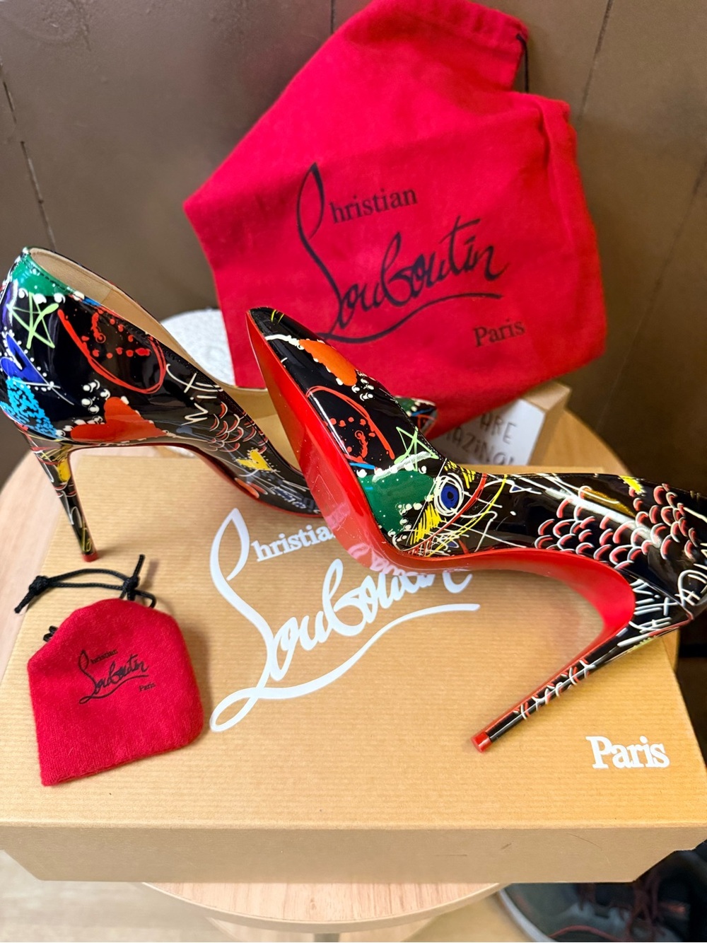 Christian Louboutin Black Multicolor Patent Leather Graffiti Stiletto Pumps